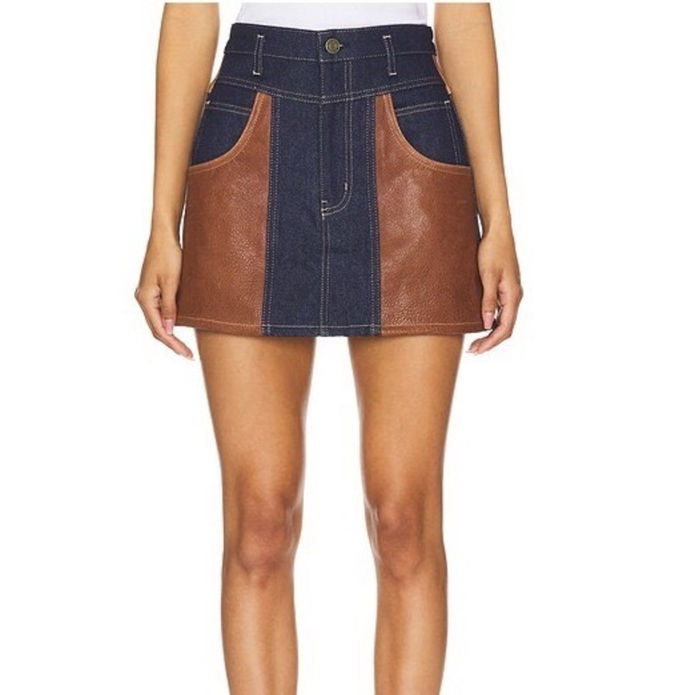 Frame Denim Two-Tone Navy Denim and Brown Leather Mini Skirt